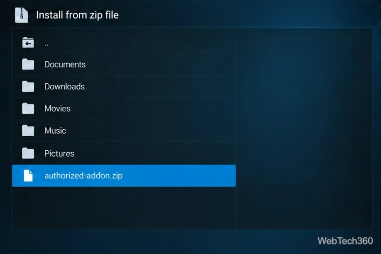 Kodi 的 ZIP 檔案瀏覽器已在「下載」資料夾中選取 authorized-addon.zip 檔案。