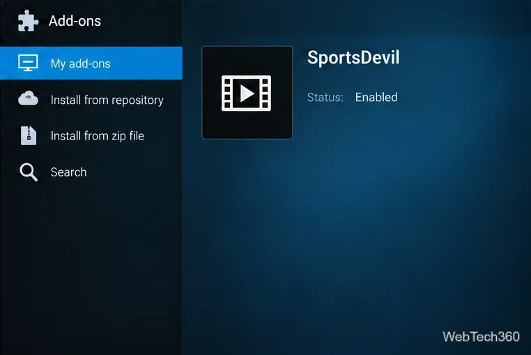 Kodi 的「我的插件」畫面顯示 SportsDevil，狀態：已啟用。