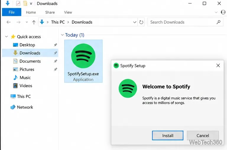 Otwórz okno instalatora Spotify Setup z folderu Pobrane