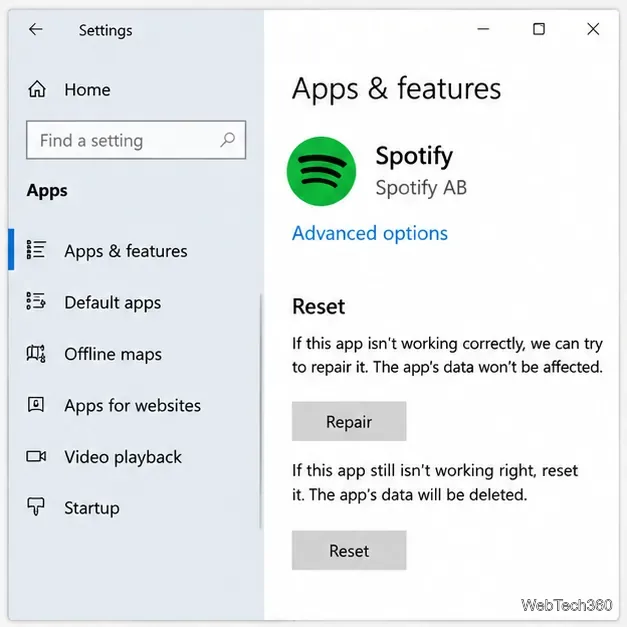 Ustawienia systemu Windows pokazujące opcje aplikacji Spotify, w tym Napraw i Resetuj