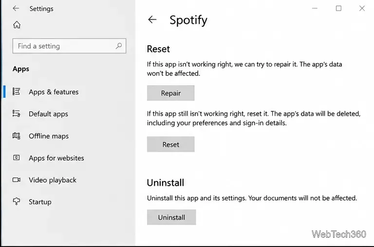 Strona ustawień aplikacji systemu Windows zawierająca elementy sterujące naprawą, resetowaniem i odinstalowywaniem Spotify
