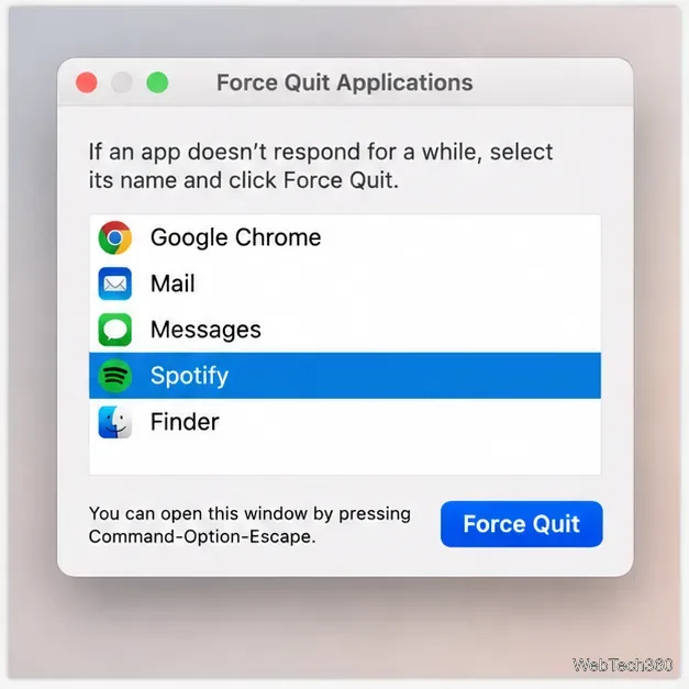 Okno wymuszania zamknięcia aplikacji w systemie macOS z wybraną aplikacją Spotify