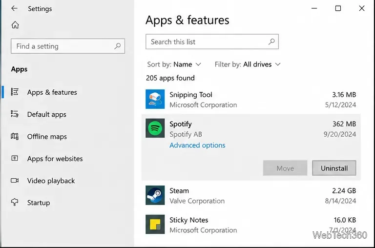 Strona aplikacji i funkcji systemu Windows z wybraną aplikacją Spotify do odinstalowania lub opcjami zaawansowanymi