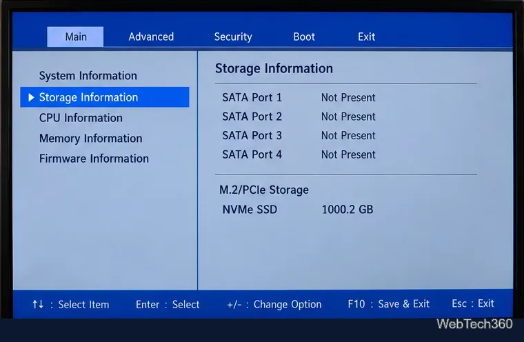 Pantalla de información de almacenamiento UEFI que muestra una unidad SSD NVMe detectada