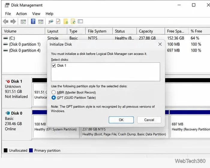 En la administración de discos de Windows, muestre el cuadro de diálogo Inicializar disco con la opción GPT seleccionada para una nueva unidad SSD.