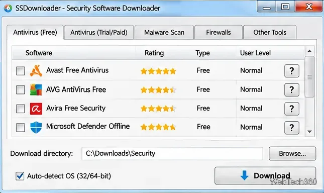 Janela conceitual de seleção de software de segurança com lista de caixas de seleção, diretório de downloads e controle de downloads.