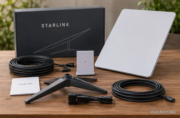 白い衛星インターネット端末、ルーター型の機器、ケーブル、スタンドが、Starlinkブランドの箱の横に並べられている。
