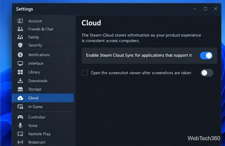 На странице настроек Steam Cloud отображается включенная опция глобальной синхронизации Steam Cloud.