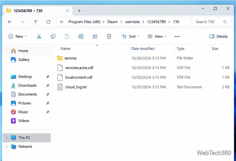 Проводник Windows открывает папку с учетной записью пользователя Steam и идентификатором приложения, содержащую файлы remote и VDF.