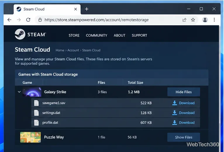 На странице Steam Cloud Remote Storage отображается список игровых файлов с элементами управления загрузкой.