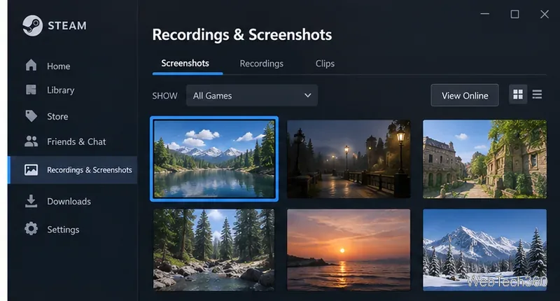 Steam Recordings and Screenshots window showing the Screenshots tab and game image thumbnails