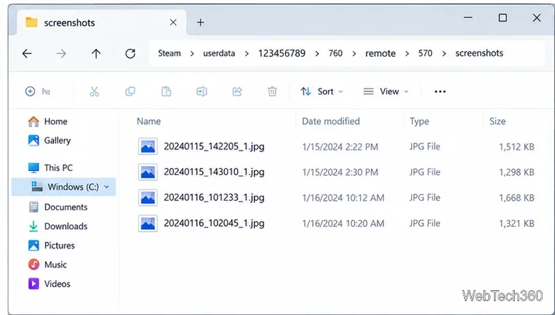 Windows File Explorer showing a Steam userdata remote game screenshots folder with JPG files