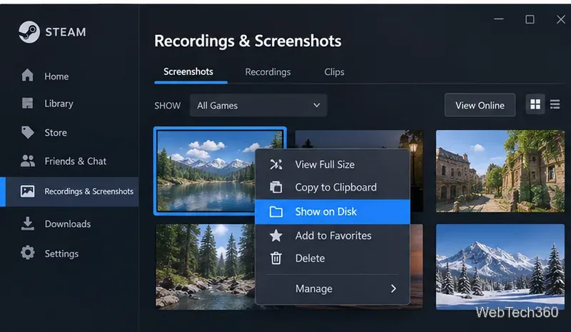 Steam screenshot context menu with Show on Disk selected