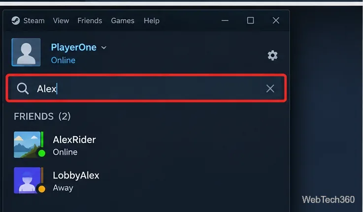 Steam Friends and Chat window filtering an existing friends list with the search field