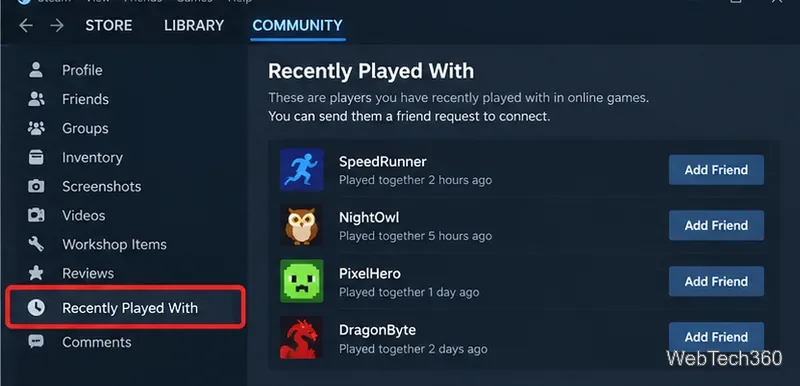 Steam profile Friends section showing the Recently Played With list and Add Friend buttons