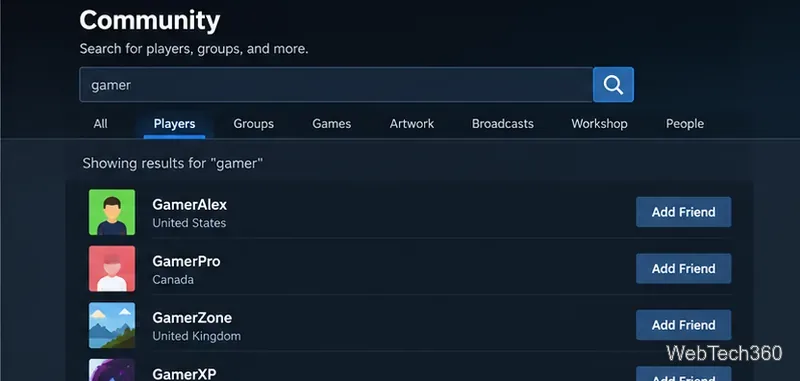 Steam Community player search showing several matching player profiles and Add Friend buttons