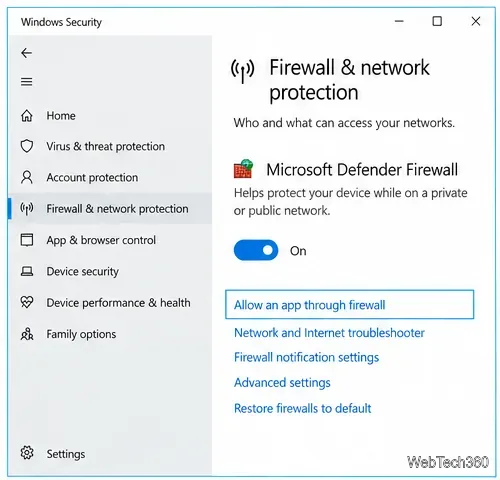 Windows Security Firewall and network protection page with the firewall on and Allow an app through firewall visible.