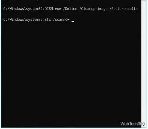 Administrator Command Prompt showing the DISM Restorehealth and sfc /scannow commands.