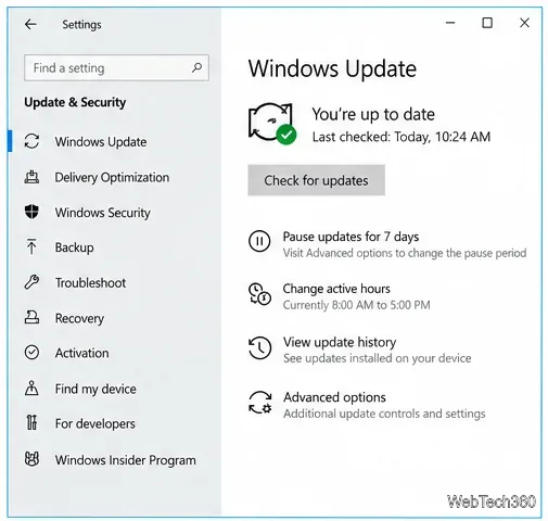 Windows 10 Windows Update settings with Check for updates and View update history visible.