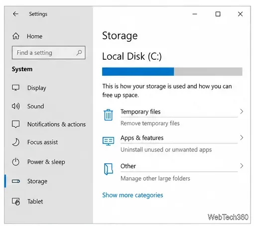 Windows 10 Storage settings showing the Local Disk bar and Temporary files category.