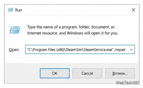 Windows Run dialog containing the quoted SteamService.exe repair command.