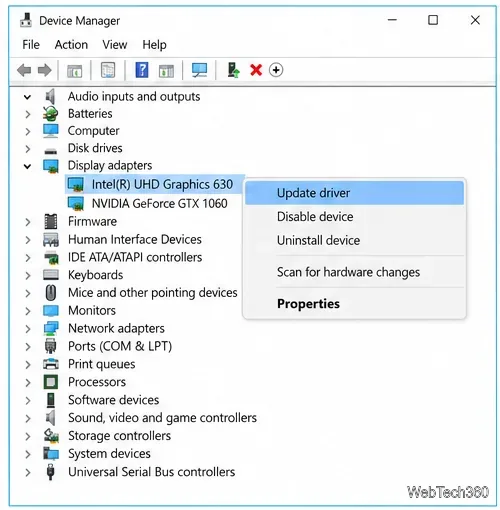 Device Manager with Display adapters expanded and Update driver selected.