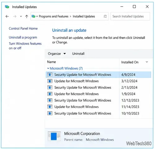 Control Panel Installed Updates list with a Windows update selected.