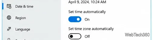 Windows 10 Date and time settings with Set time automatically enabled.