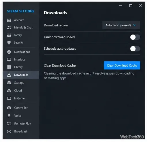 Steam Settings on the Downloads page with Clear Download Cache highlighted.