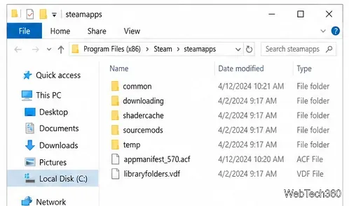 File Explorer showing the steamapps folder and its game-library subfolders.