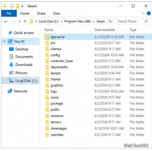 File Explorer in the Steam installation folder with appcache selected.
