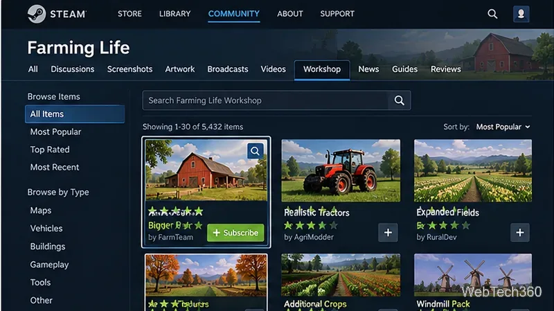 Game-specific Steam Workshop browse page with item filters, search, sorting, and a Subscribe button