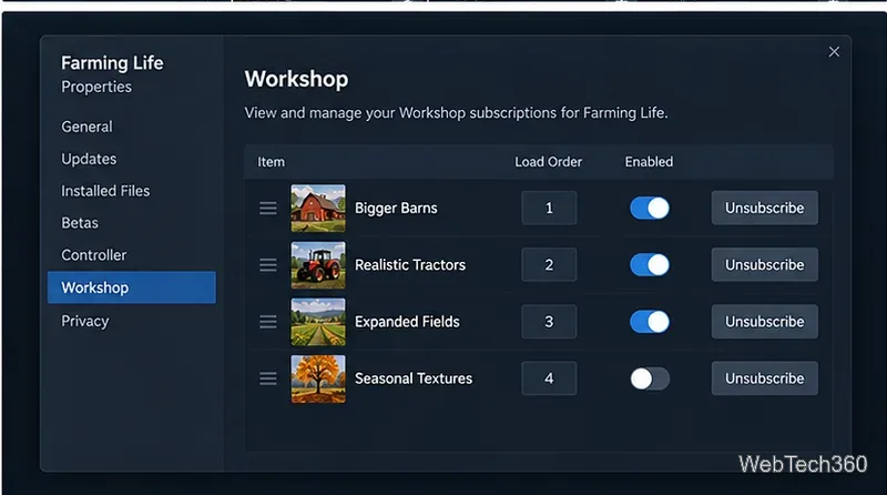 Steam game Properties window open to Workshop with subscribed items, enable switches, load order, and Unsubscribe buttons