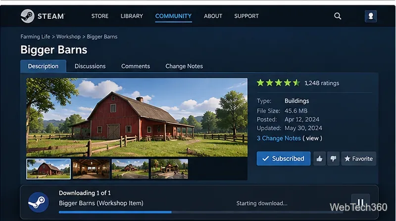 Steam Workshop item page showing a Subscribed button and a Workshop download progress indicator