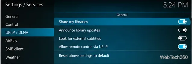 KodiのUPnPおよびDLNAサービス設定で、ライブラリ共有コントロールが表示されます。