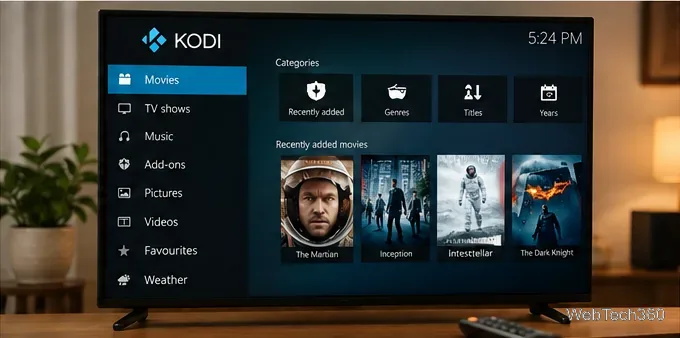 テレビ画面にKodiの映画ライブラリが表示され、ポスターのサムネイルとカテゴリが表示されている。
