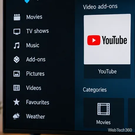 Kodiのビデオアドオンエリアに、YouTubeビデオのエントリとナビゲーションサイドバーが表示されている。