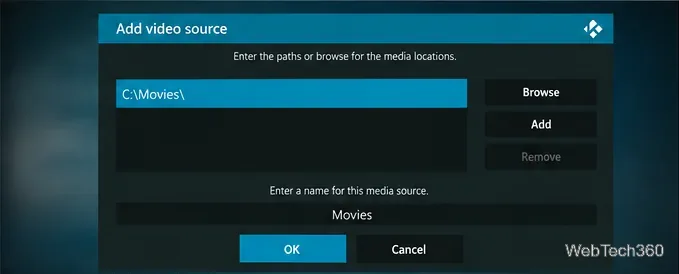 Kodiの「ビデオソースを追加」ダイアログで、選択したフォルダと「OK」の確認画面が表示されます。