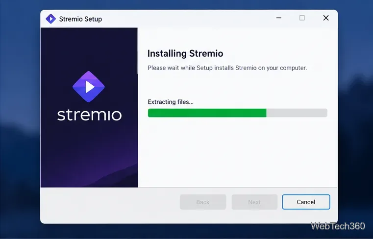 StremioデスクトップアプリケーションのWindowsインストール進行状況ウィンドウ。