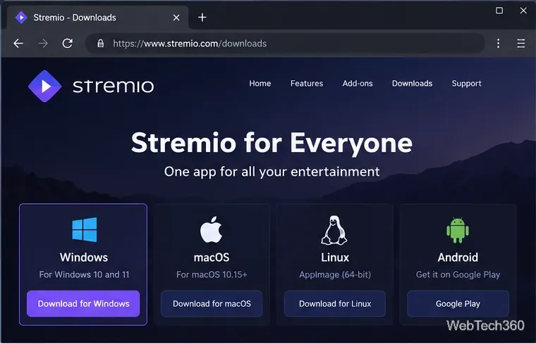 Stremioのダウンロードページでは、Windows、macOS、Linux、Androidの各プラットフォームを選択できます。