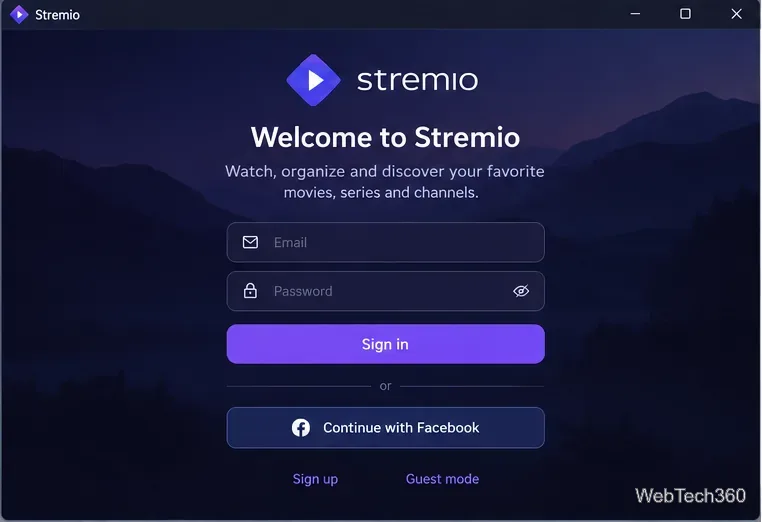 Stremioのサインイン画面。メールアドレス、パスワード、サインアップ、ゲストオプションが表示されます。
