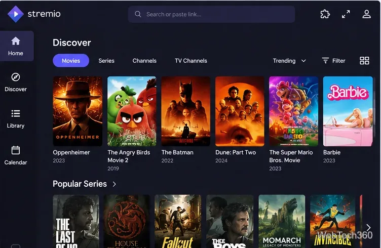 Stremio風のDiscoverページで、映画やテレビシリーズのセレクションが表示されます。
