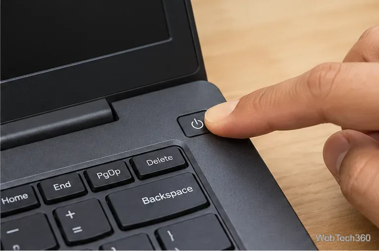 Finger pressing and holding a laptop power button to force a shutdown