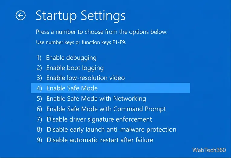 Windows Startup Settings screen with option 4 Enable Safe Mode highlighted