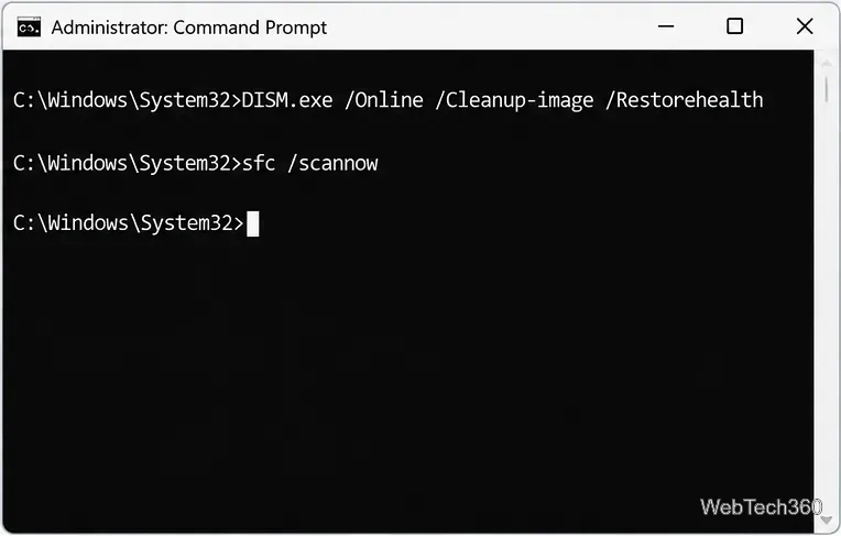 Administrator Command Prompt showing DISM RestoreHealth and sfc scannow commands