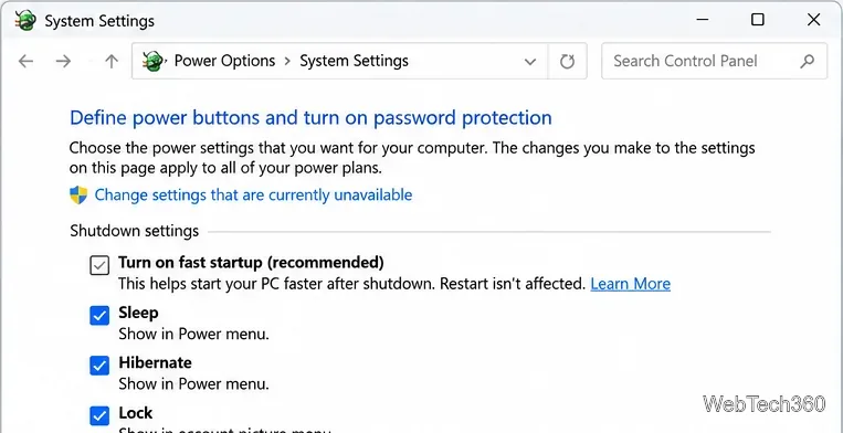 Control Panel Power Options System Settings showing the Turn on fast startup checkbox
