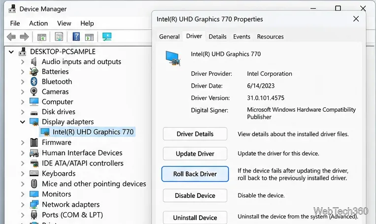 Device Manager graphics adapter properties with the Roll Back Driver button visible
