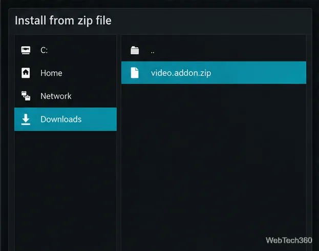 Kodiのファイルピッカーで、ダウンロードフォルダに汎用ビデオアドオンのZIPファイルが表示されています。