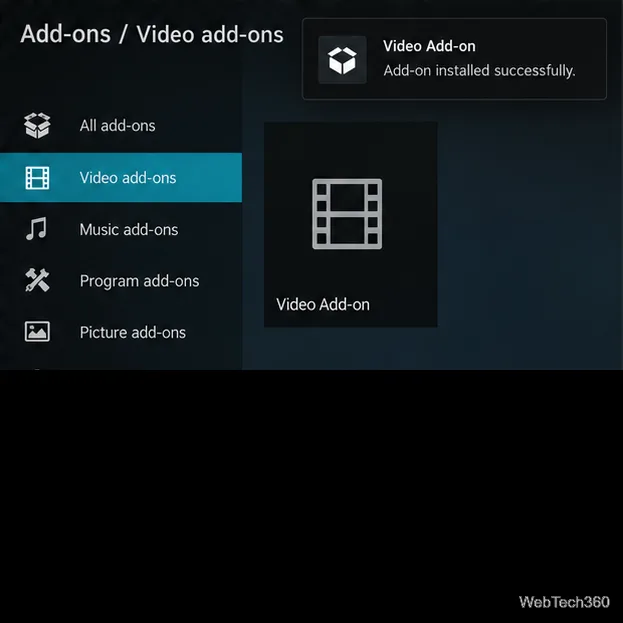Kodiのビデオアドオンメニューに、インストール完了の一般的な通知が表示されます。