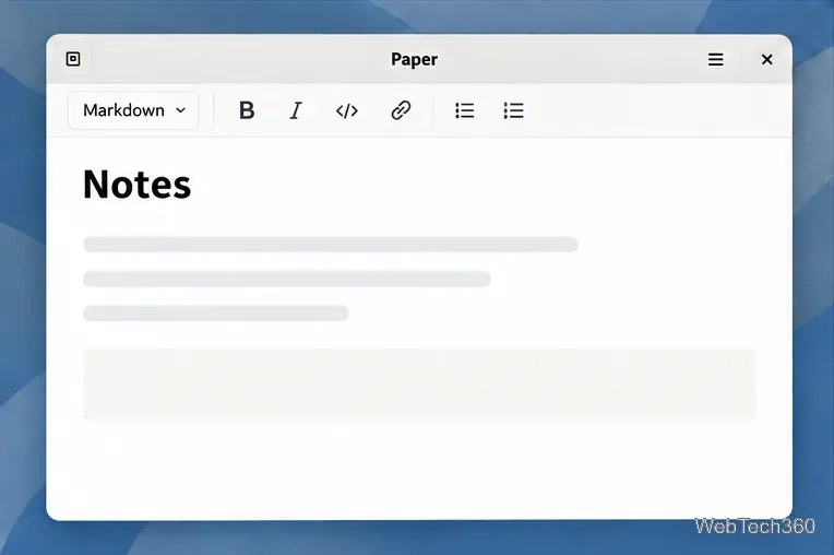 Editor Markdown ilustrativo no estilo Paper, com barra de ferramentas de formatação, cabeçalhos e espaços reservados para texto de notas.